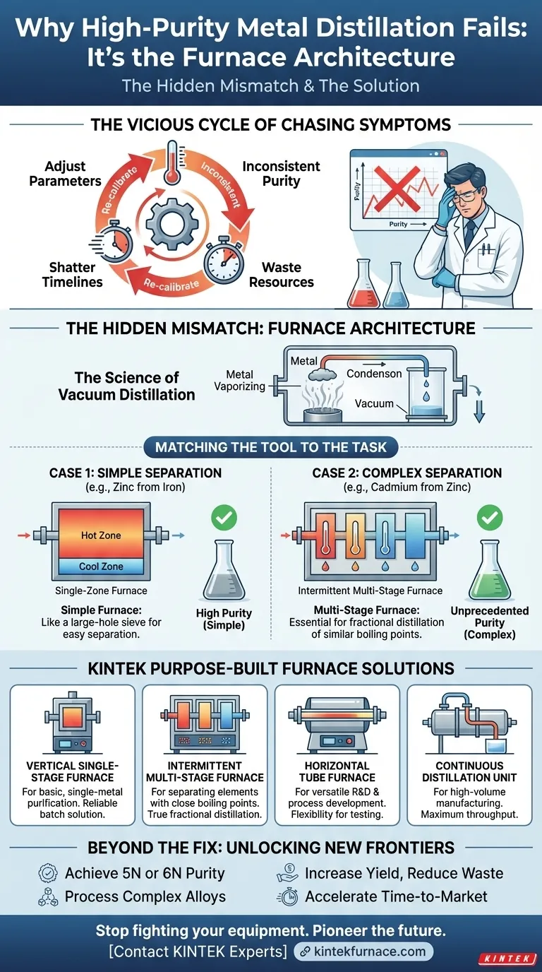 Por que sua destilação de metal de alta pureza falha: Não é o seu processo, é o seu forno Guia Visual