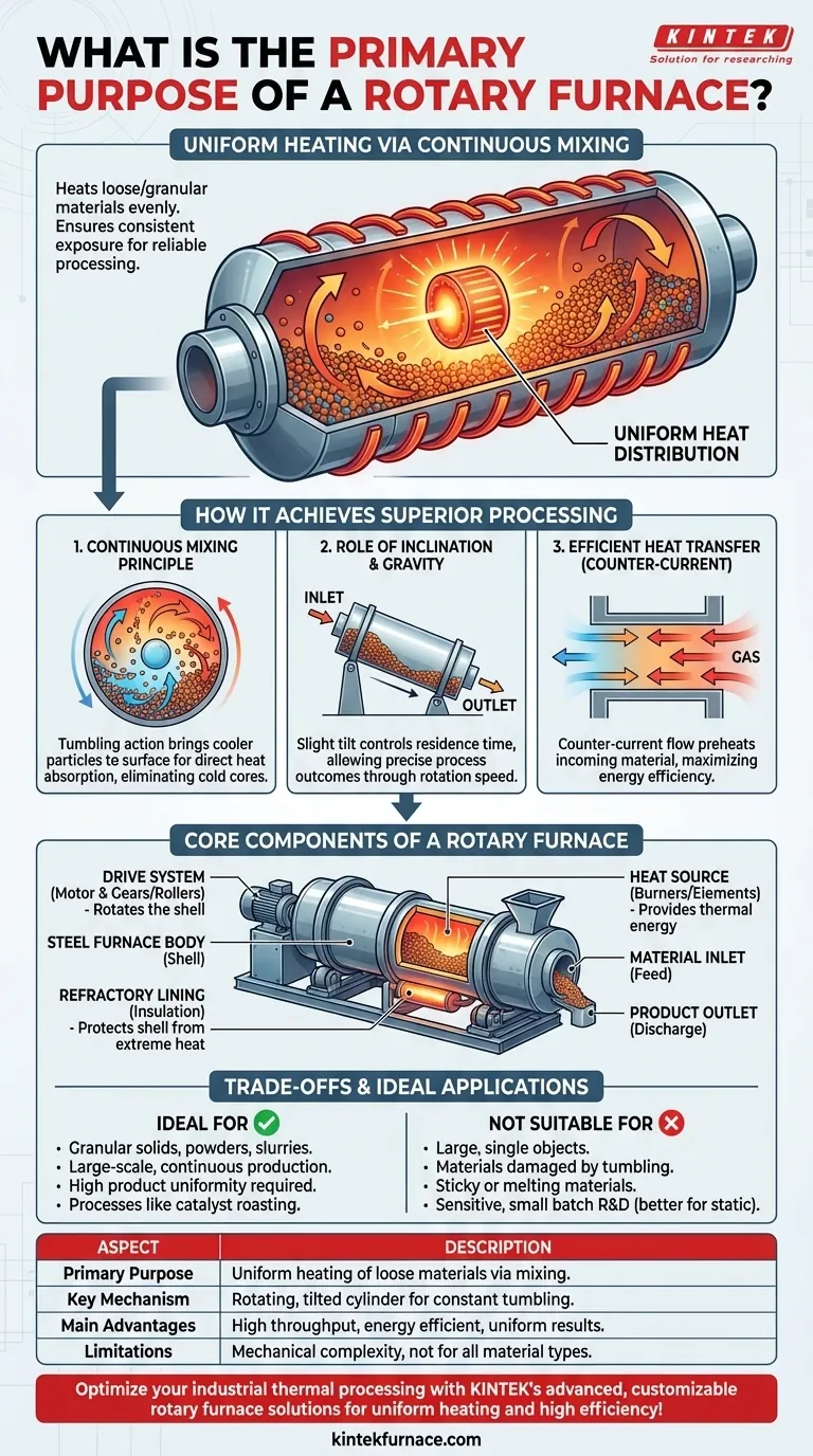 ¿Cuál es el propósito principal de un horno rotatorio? Lograr un Calentamiento Industrial Uniforme para Materiales Granulares Guía Visual