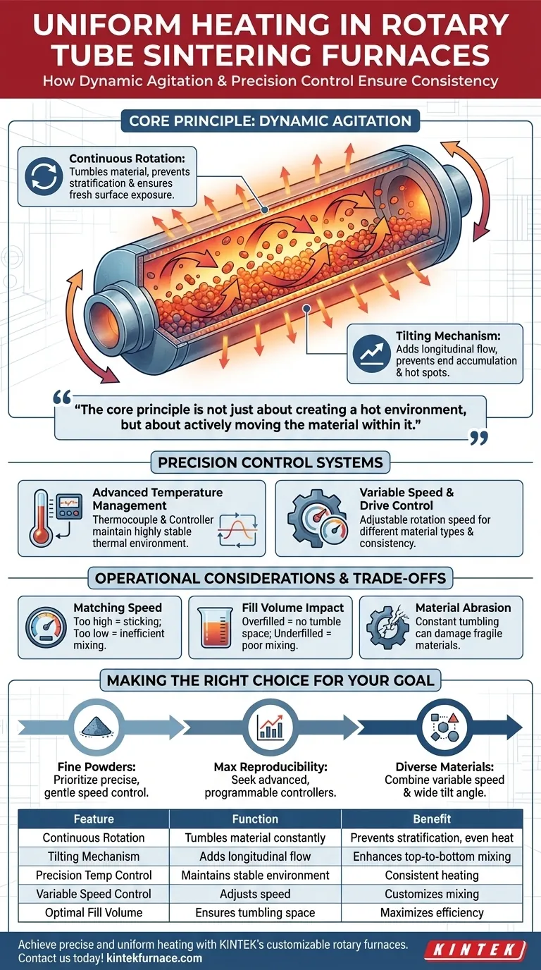 ¿Cómo garantiza el horno de sinterización de tubo giratorio un calentamiento uniforme de los materiales? Logre una uniformidad térmica superior con agitación dinámica Guía Visual