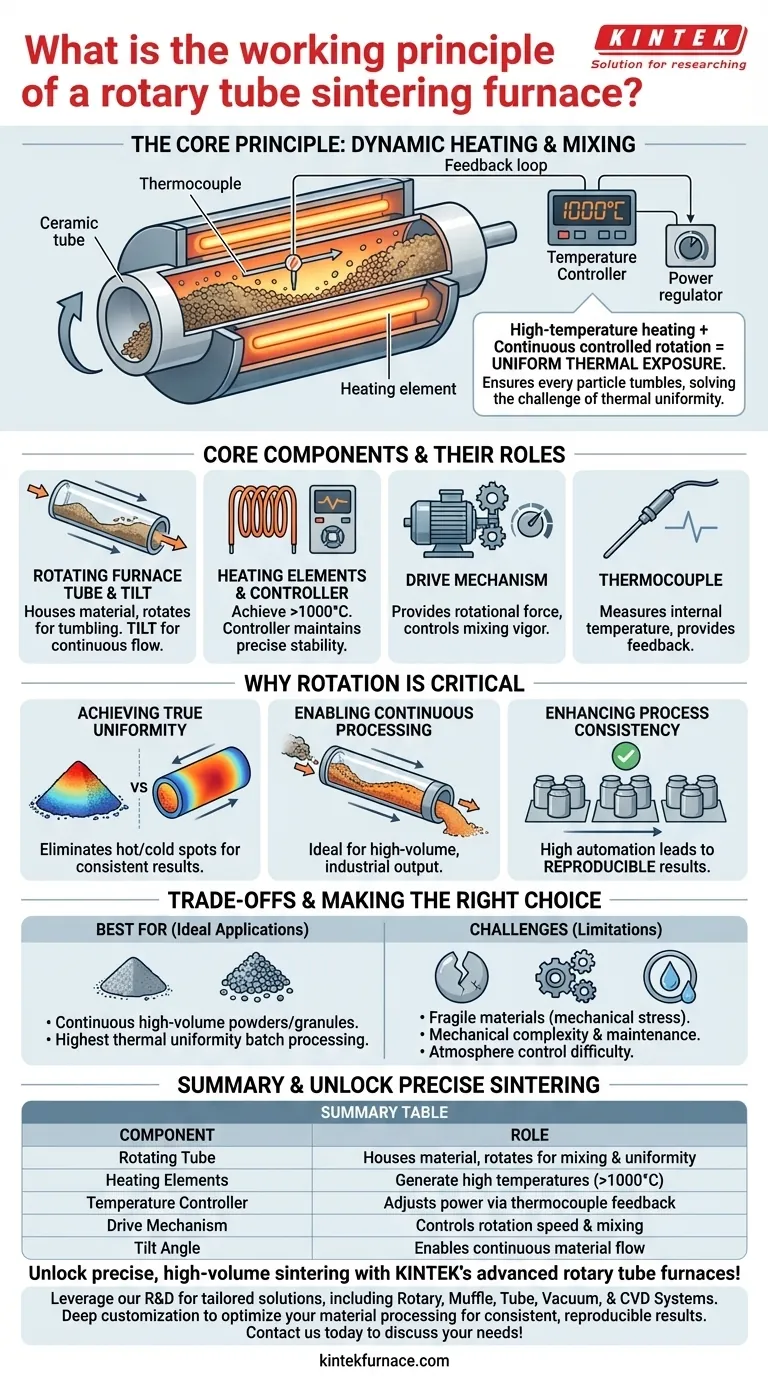 What is the working principle of a rotary tube sintering furnace? Achieve Uniform Heating for Powders and Granules Visual Guide