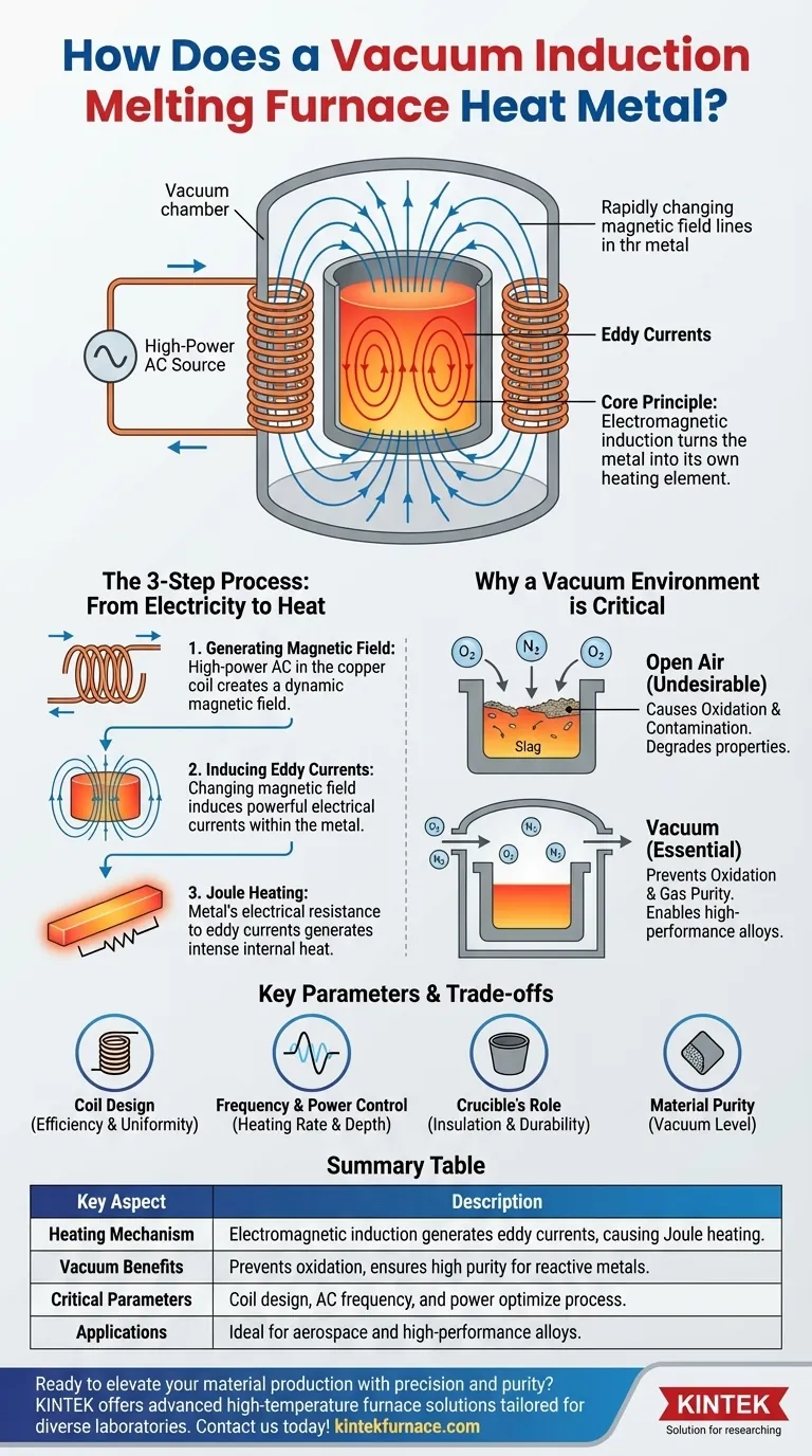 How does the induction coil heat the metal in a vacuum induction melting furnace? Discover Efficient, Contamination-Free Alloy Production Visual Guide