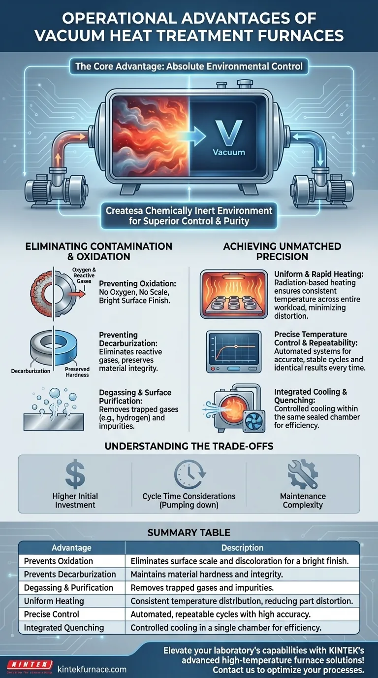 What operational advantages does a vacuum heat treatment furnace offer? Achieve Superior Metallurgical Quality and Precision Visual Guide