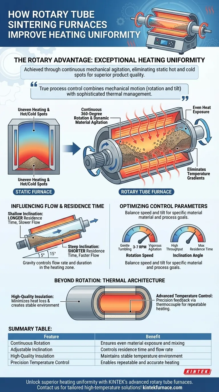 Wie verbessert das rotierende Design des Rohrdrehrohrofens die Gleichmäßigkeit der Erwärmung? Erzielen Sie konsistente Ergebnisse Visuelle Anleitung