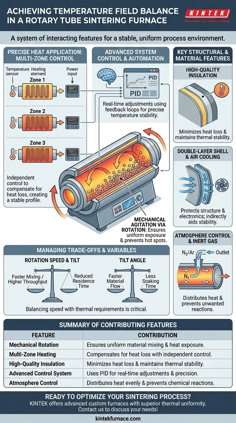 Welche Merkmale tragen zum Temperaturfeldausgleich in einem Drehrohr-Sinterofen bei? Erzielen Sie eine gleichmäßige Erwärmung für präzises Sintern Visuelle Anleitung