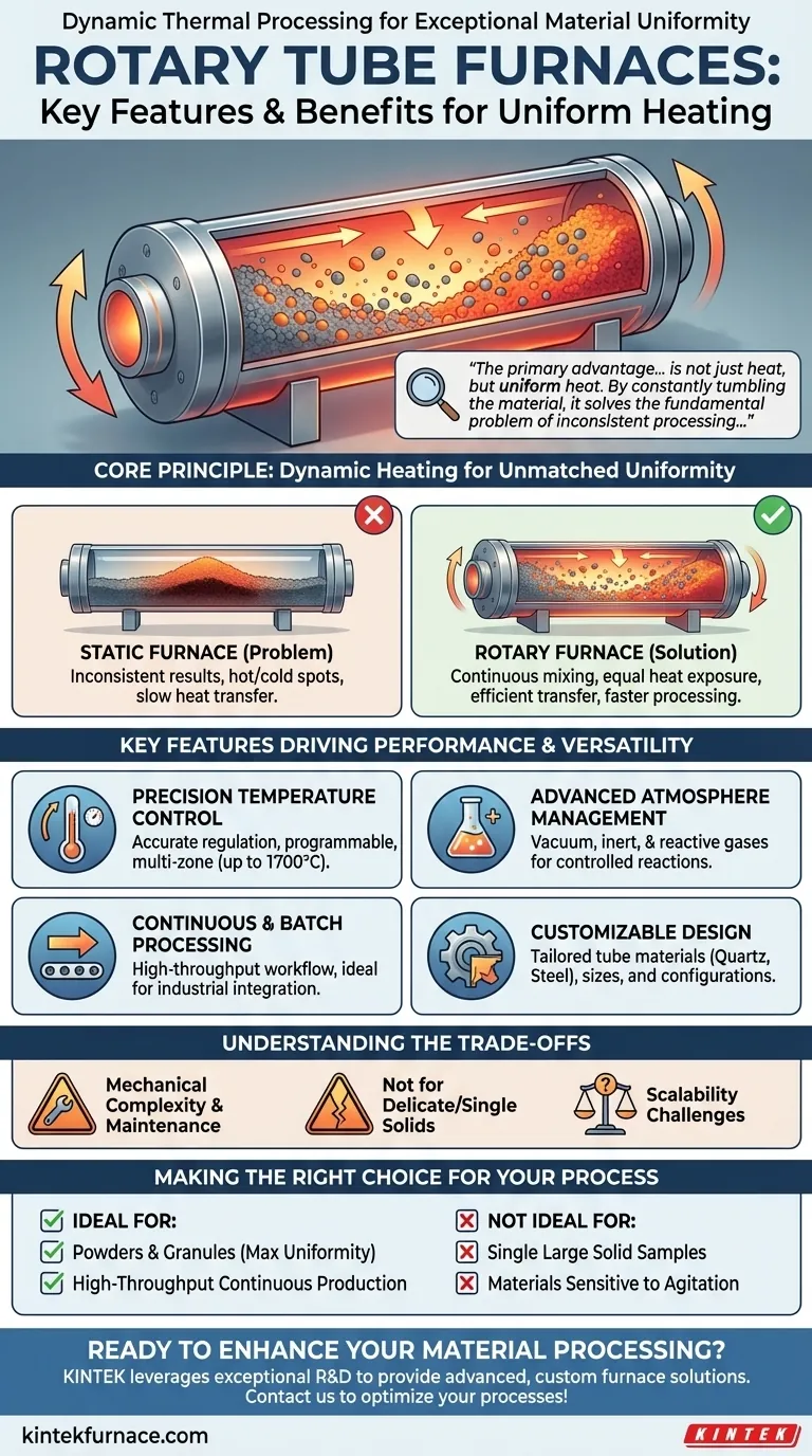 Was sind die Hauptmerkmale und Vorteile von Drehrohrofen? Erreichen Sie überlegene gleichmäßige Erwärmung für Pulver und Granulate Visuelle Anleitung