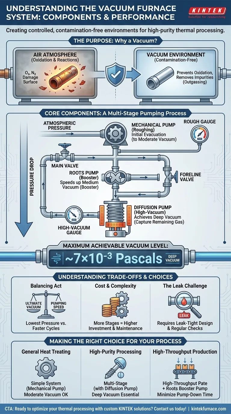 What components make up the vacuum system in a vacuum furnace and what vacuum level can be achieved? Discover the Key Elements for High-Purity Processing Visual Guide