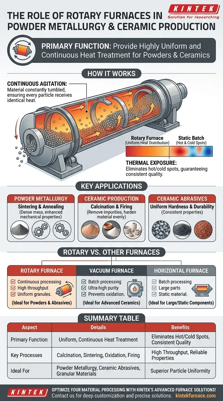 Welche Rolle spielen Drehrohröfen in der Pulvermetallurgie und Keramikproduktion? Gleichmäßige Wärmebehandlung für hochwertige Materialien erreichen Visuelle Anleitung