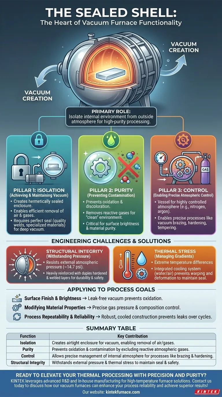How does the sealed shell of a vacuum furnace contribute to its functionality? Unlock High-Purity Thermal Processing Visual Guide