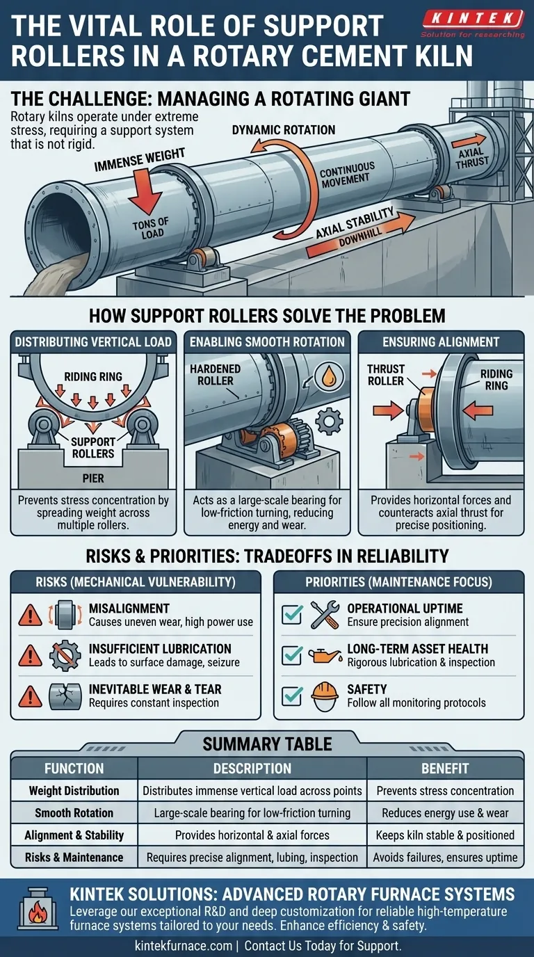 Qual é o papel dos rolos de suporte em um forno rotativo de cimento? Garanta a Estabilidade e Eficiência do Forno Guia Visual