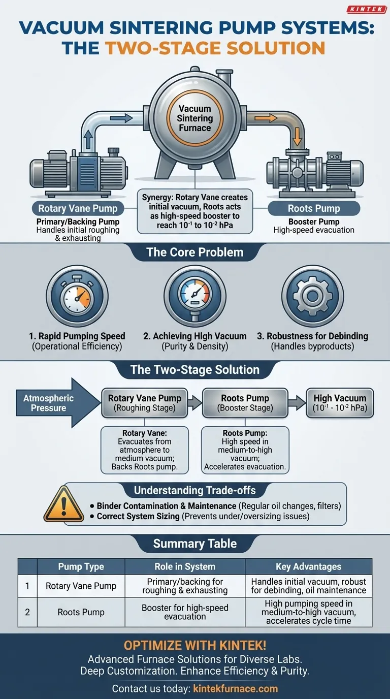 Quale combinazione di pompe viene tipicamente utilizzata per i forni di sinterizzazione sotto vuoto? Aumenta l'efficienza con le pompe a palette rotanti e Roots Guida Visiva