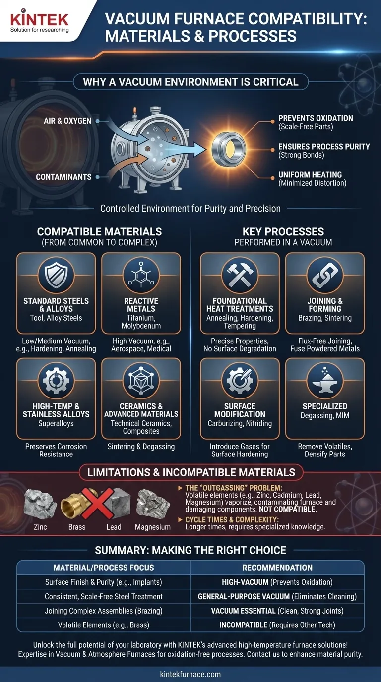 Welche Arten von Materialien und Prozessen sind mit Vakuumöfen kompatibel? Erzielen Sie Reinheit und Präzision bei der Wärmebehandlung Visuelle Anleitung