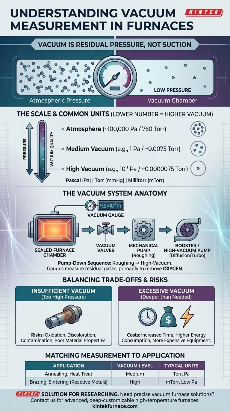 Como o nível de vácuo em um forno é medido e representado? Garanta Precisão para o Seu Tratamento Térmico Guia Visual