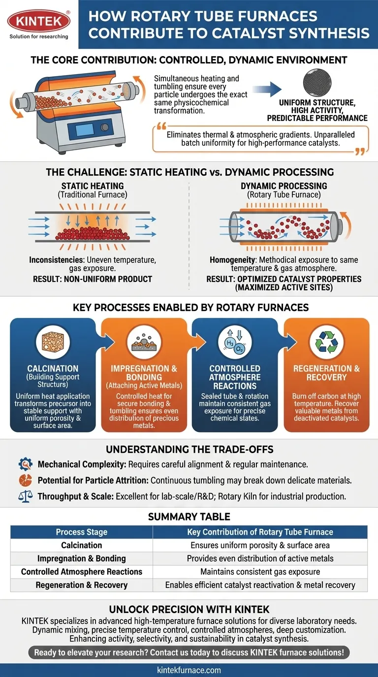 ¿Cómo contribuyen los hornos de tubo rotatorio a la síntesis de catalizadores? Mejorar la uniformidad y el rendimiento Guía Visual