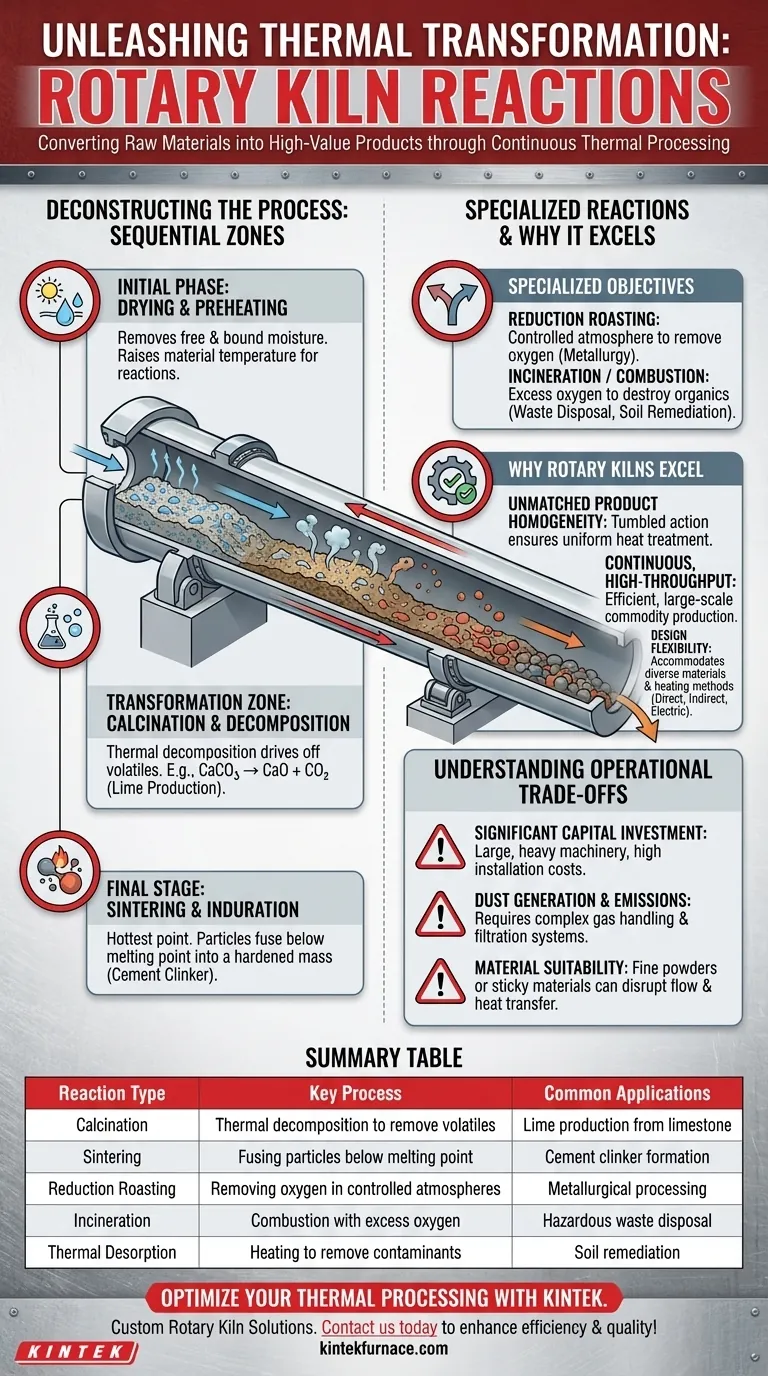 Quali tipi di reazioni possono essere eseguite in un forno rotante? Sblocca soluzioni versatili per la lavorazione termica Guida Visiva