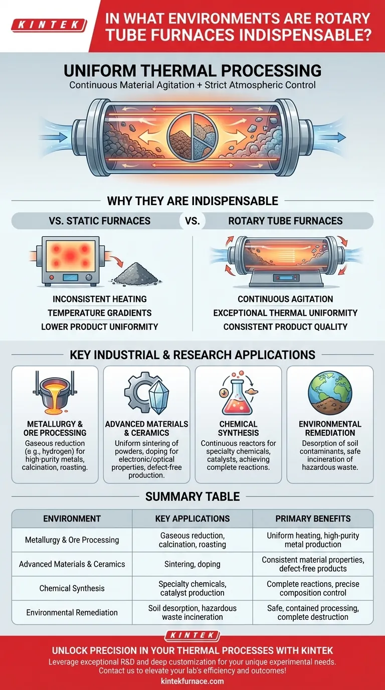 회전식 튜브 전기로는 어떤 환경에서 필수적으로 간주됩니까? 균일한 열처리 필수 시각적 가이드