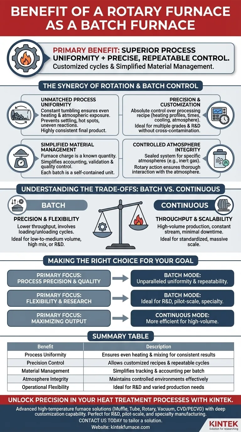 Welchen Vorteil hat ein Drehrohrofen, der als Chargenofen betrieben wird? Erzielung überragender Gleichmäßigkeit und Kontrolle Visuelle Anleitung