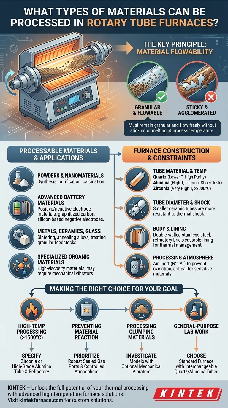 Quali tipi di materiali possono essere lavorati nei forni a tubo rotante? Ottimizza la tua lavorazione termica con soluzioni versatili Guida Visiva