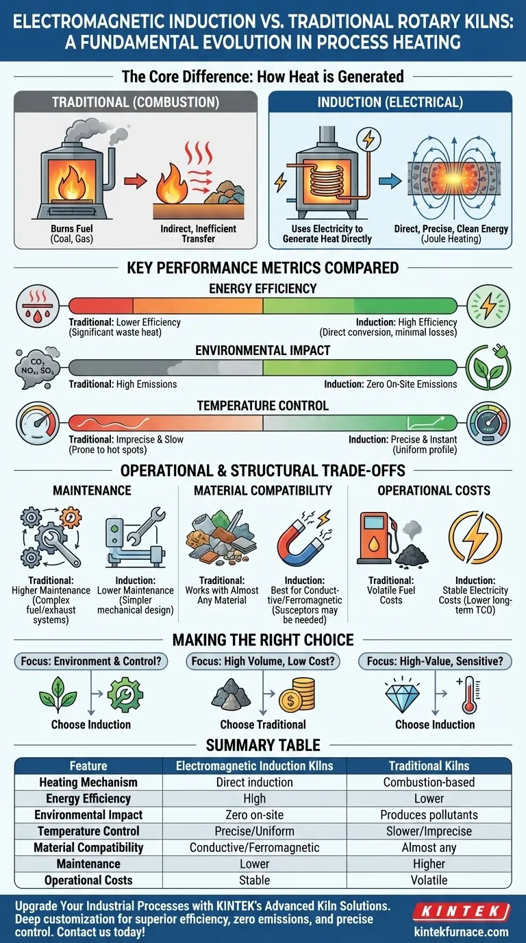 Was sind die Hauptunterschiede zwischen Induktionsdrehrohröfen und herkömmlichen Drehrohröfen? Entdecken Sie die wichtigsten Vorteile in Bezug auf Effizienz und Kontrolle Visuelle Anleitung