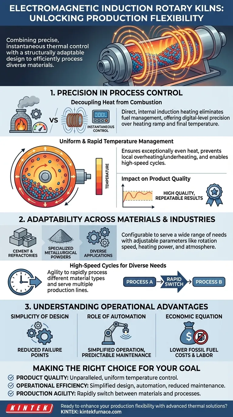 Wie verbessern Drehrohröfen mit elektromagnetischer Induktion die Produktionsflexibilität? Erreichen Sie eine präzise thermische Steuerung für vielfältige Materialien Visuelle Anleitung
