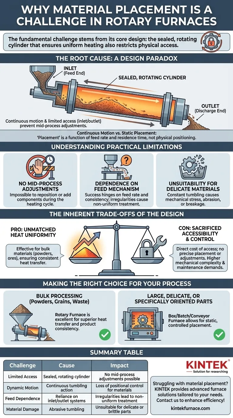 ¿Por qué la colocación del material puede ser un desafío en los hornos rotatorios? Descubra las ventajas y desventajas del diseño Guía Visual