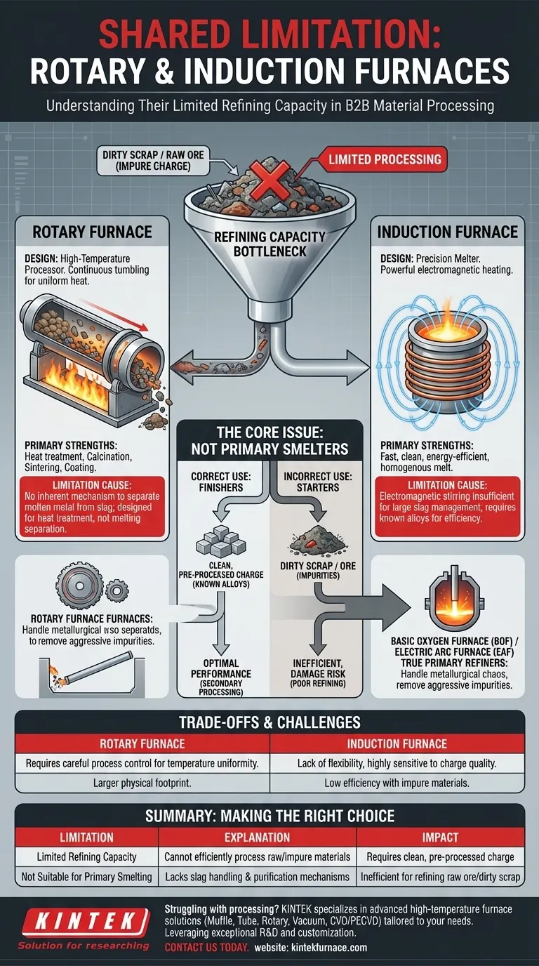 ロータリーキルンと誘導炉が共通して持つ制限は何ですか？ クリーンな材料に対する精錬能力の制限 ビジュアルガイド