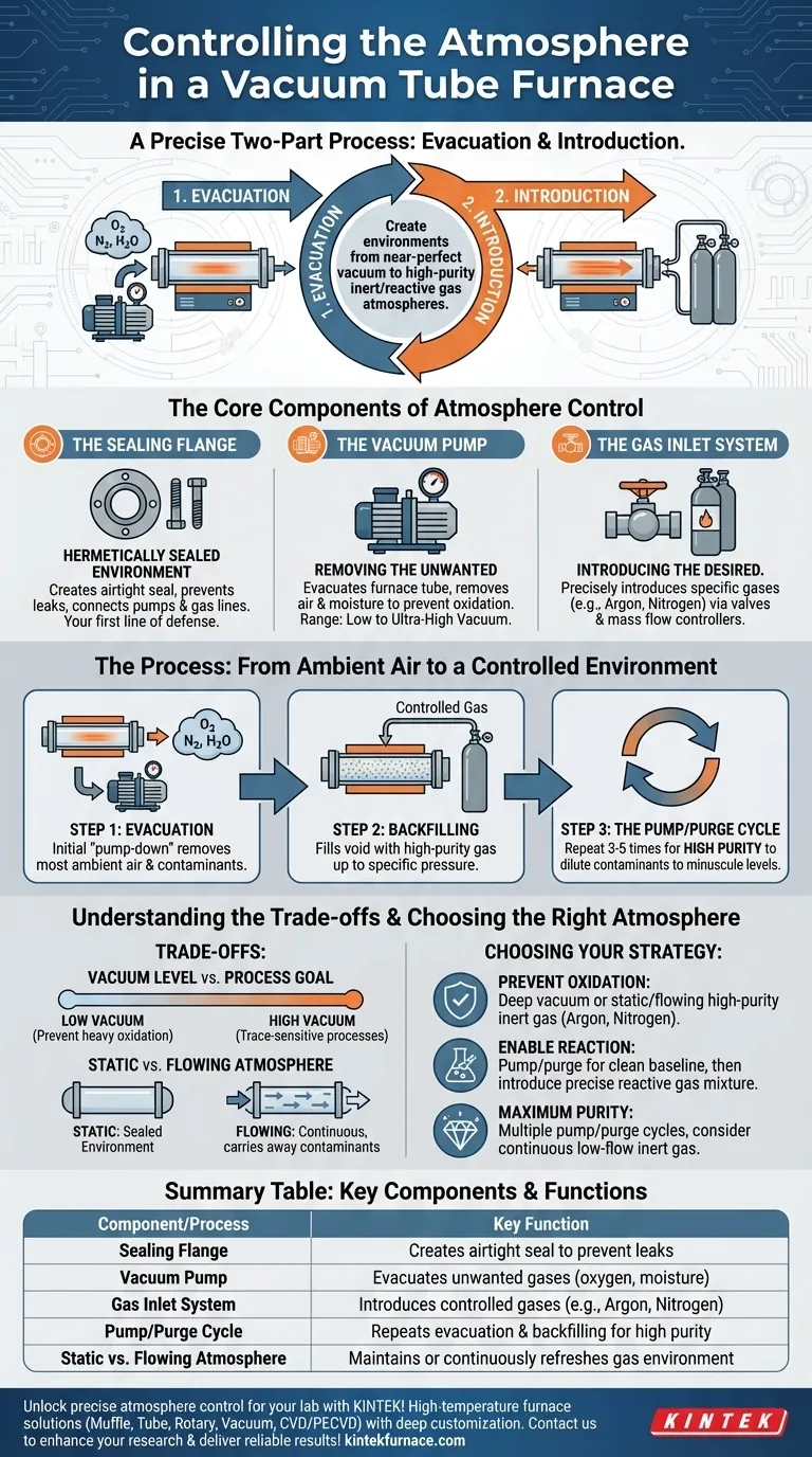 Как контролируется атмосфера в вакуумной трубчатой печи? Обеспечьте точную газовую среду для ваших экспериментов Визуальное руководство