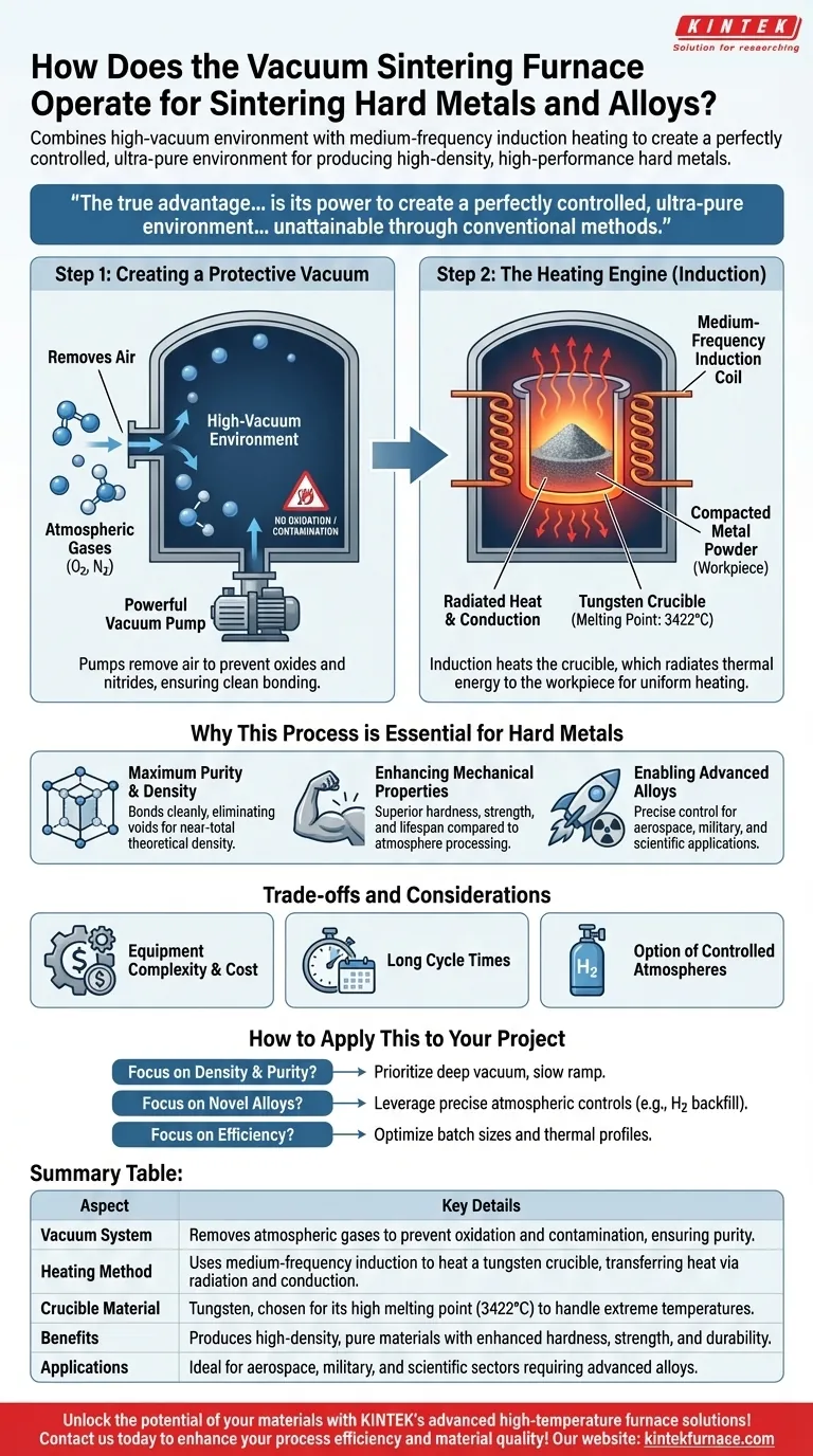 How does the vacuum sintering furnace operate for sintering hard metals and alloys? Achieve High-Density, Pure Materials Visual Guide
