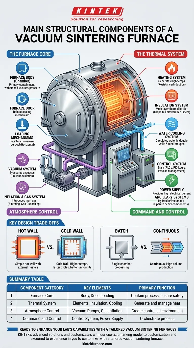 ¿Cuáles son los principales componentes estructurales de un horno de sinterización al vacío? Desbloquee la precisión en el procesamiento a alta temperatura Guía Visual