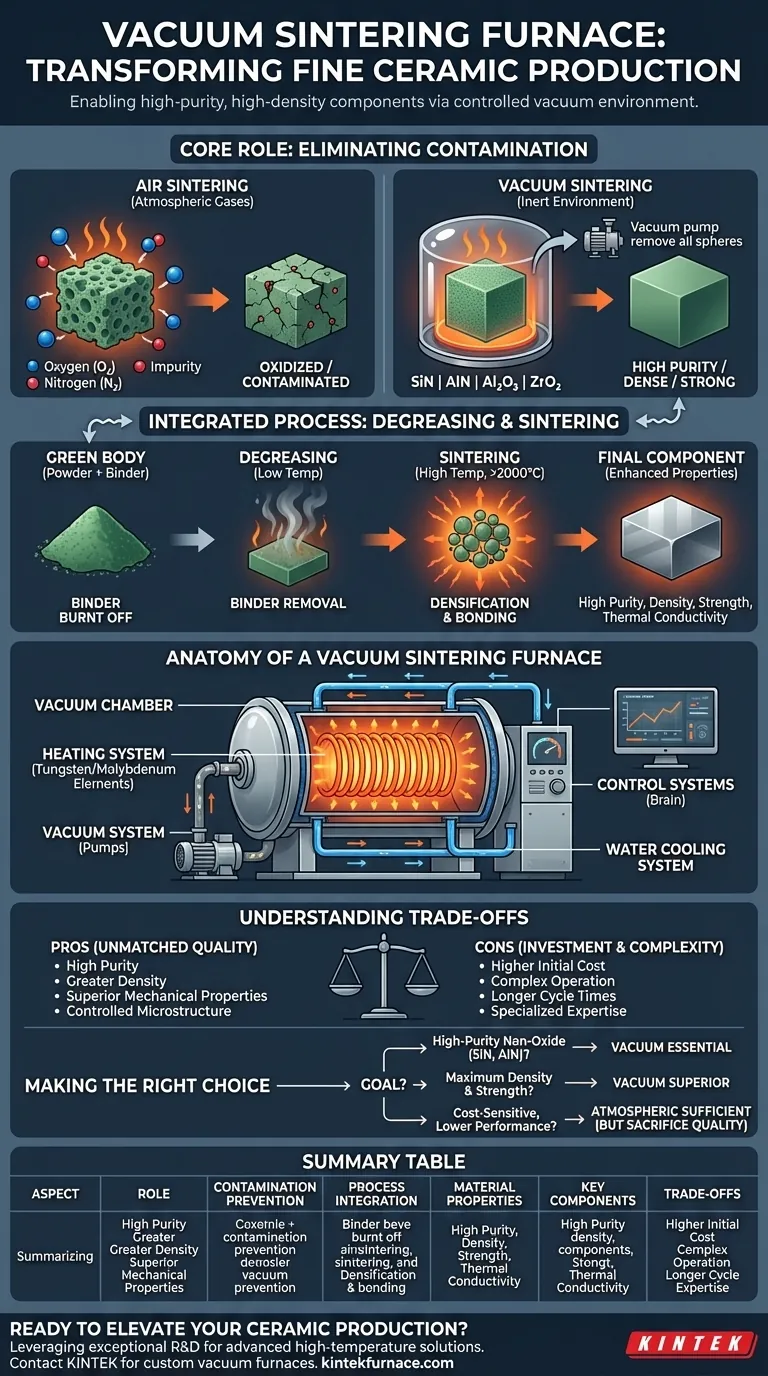 ¿Qué papel juega un horno de sinterización al vacío en la producción de componentes cerámicos finos? Lograr cerámicas de alta pureza y densidad Guía Visual