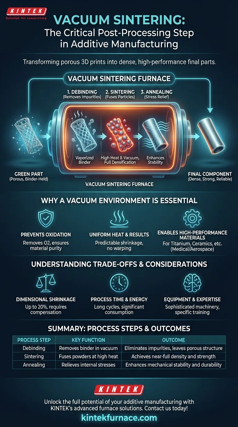 Какую роль играют вакуумные печи для спекания в аддитивном производстве? Превратите 3D-отпечатки в плотные, высокопроизводительные детали Визуальное руководство