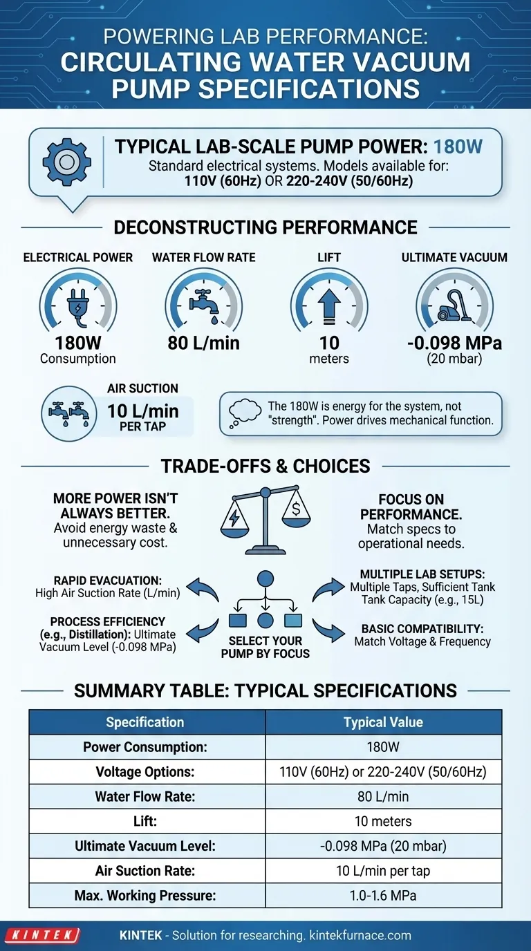 ¿Cuáles son las especificaciones de potencia para una bomba de vacío de agua circulante típica? Especificaciones clave para la eficiencia del laboratorio Guía Visual