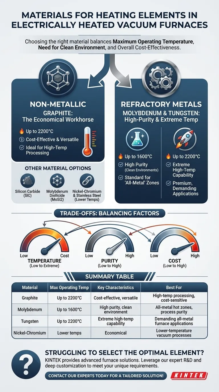 Quali sono i tipi comuni di materiali utilizzati per la costruzione di elementi riscaldanti nei forni sottovuoto riscaldati elettricamente? Scegli il materiale giusto per il tuo processo Guida Visiva