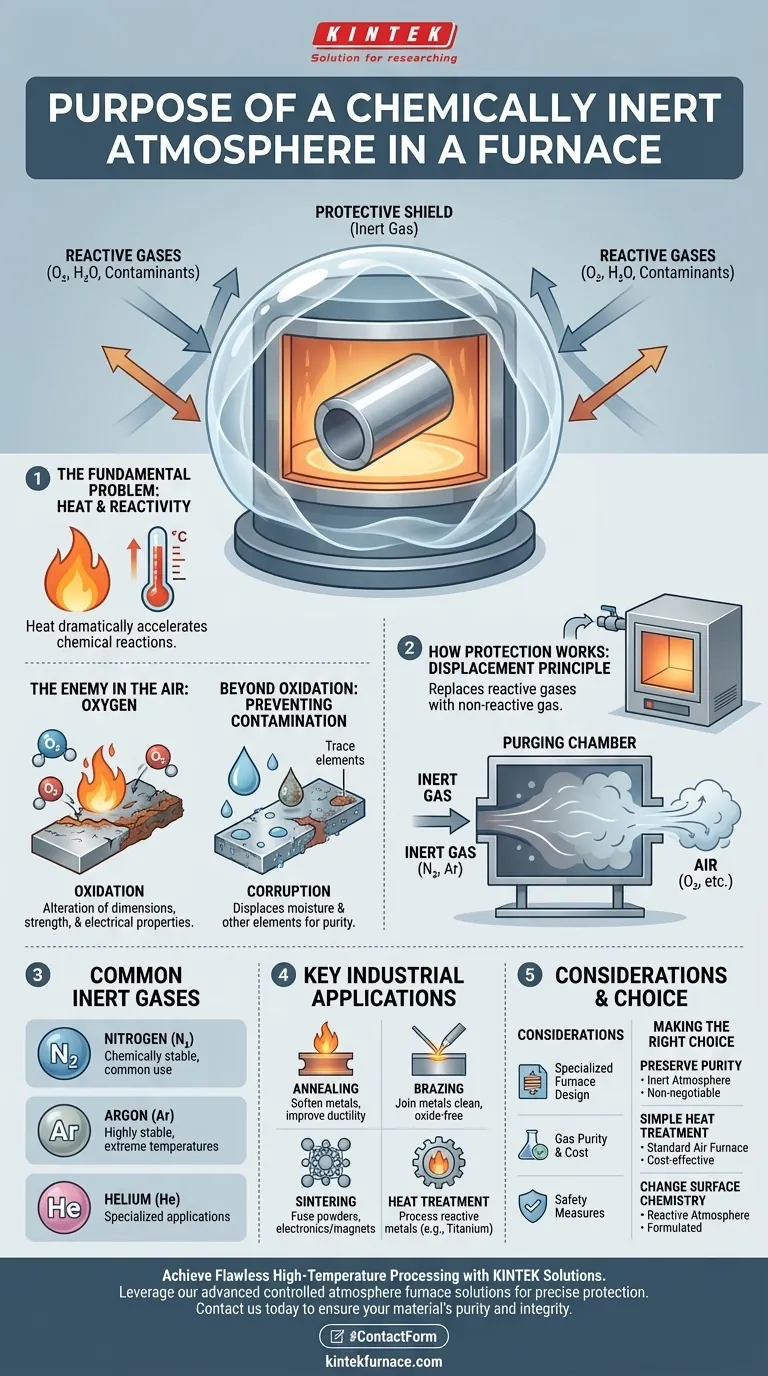 Qual é o propósito de uma atmosfera quimicamente inerte em um forno? Proteger Materiais da Oxidação e Contaminação Guia Visual