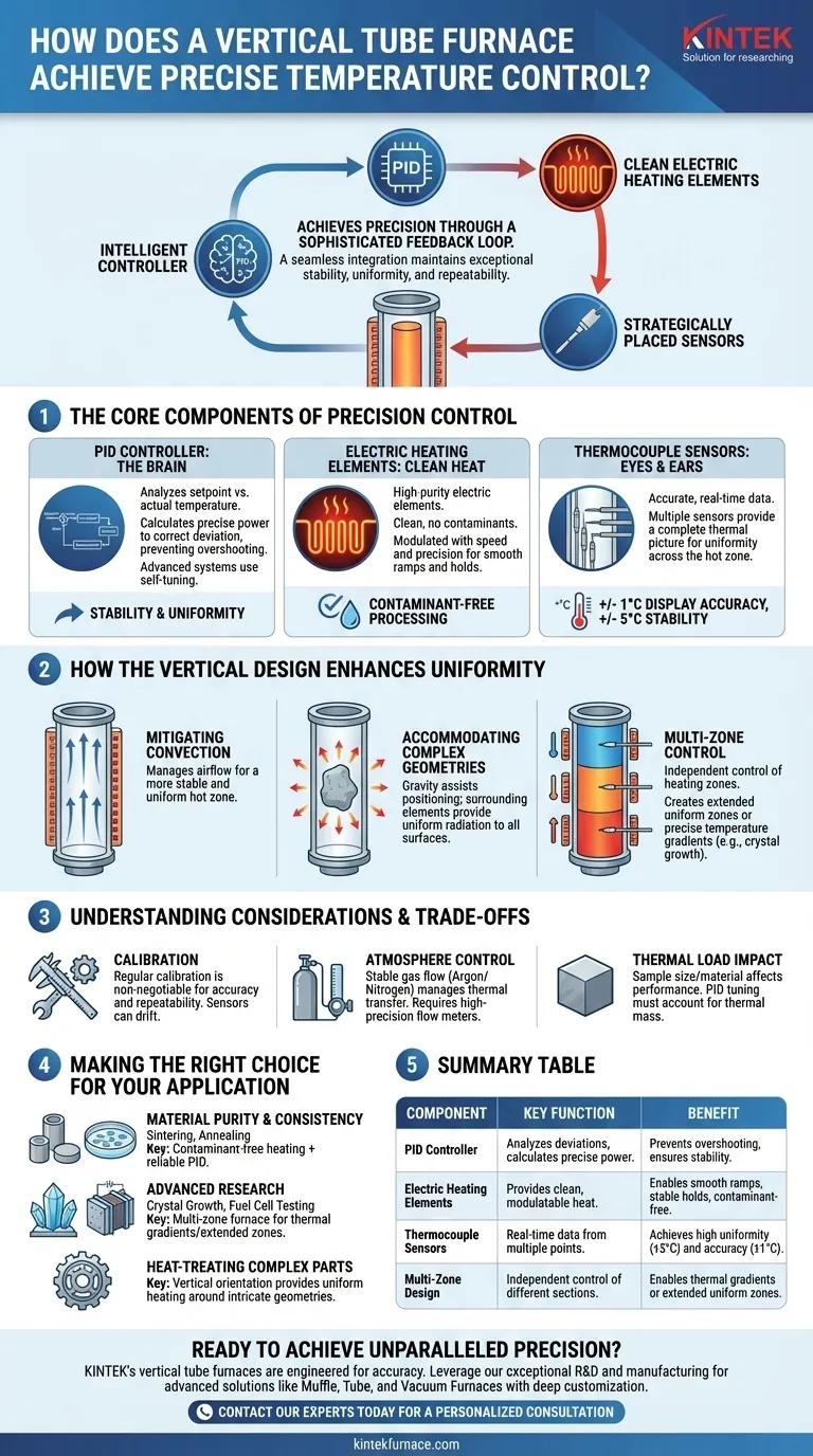 Comment un four tubulaire vertical parvient-il à un contrôle précis de la température ? Libérez une stabilité thermique supérieure pour votre laboratoire Guide Visuel