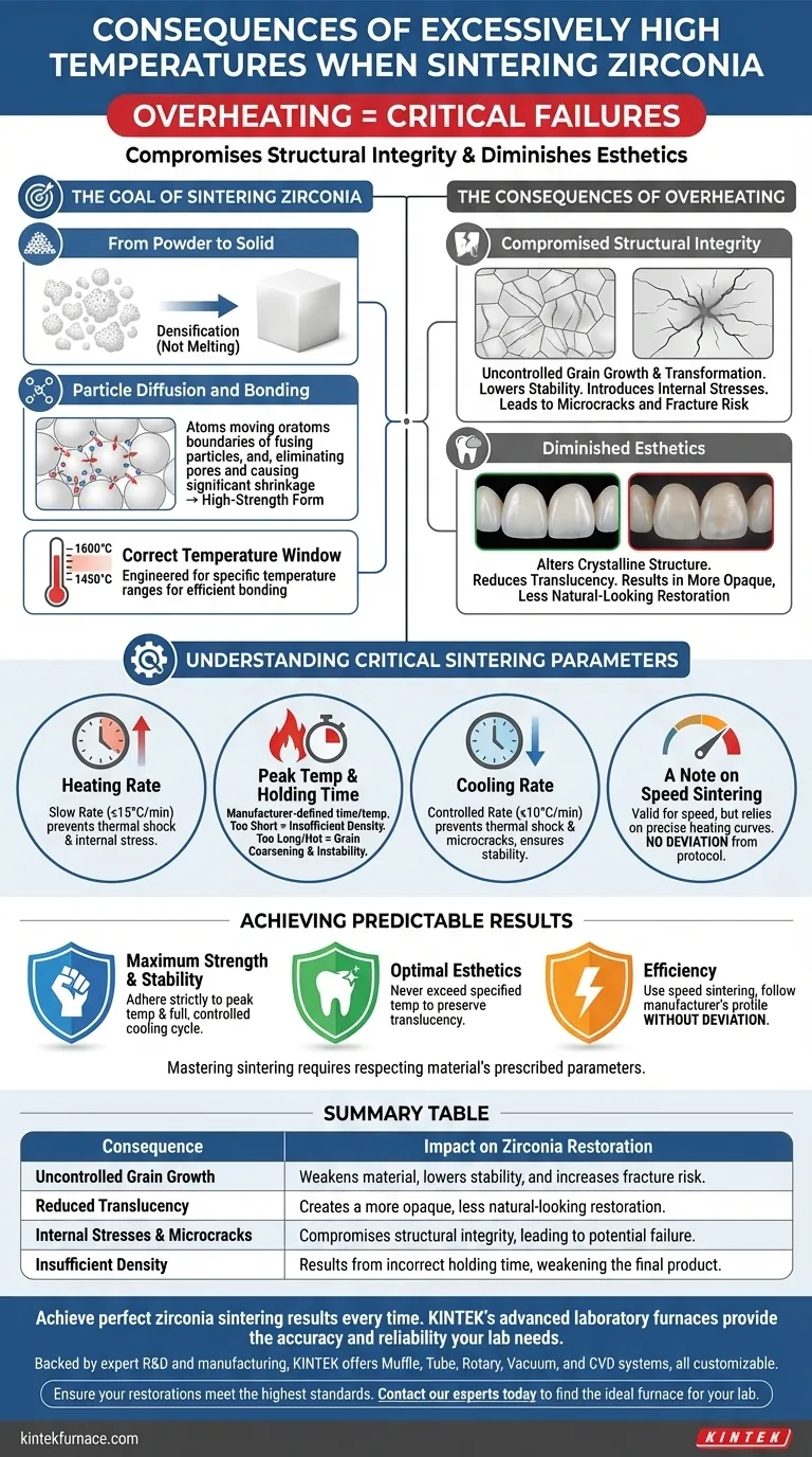 Welche Folgen hat die Verwendung übermäßig hoher Temperaturen beim Sintern von Zirkonoxid? Vermeiden Sie Rissbildung und geringe Transluzenz Visuelle Anleitung