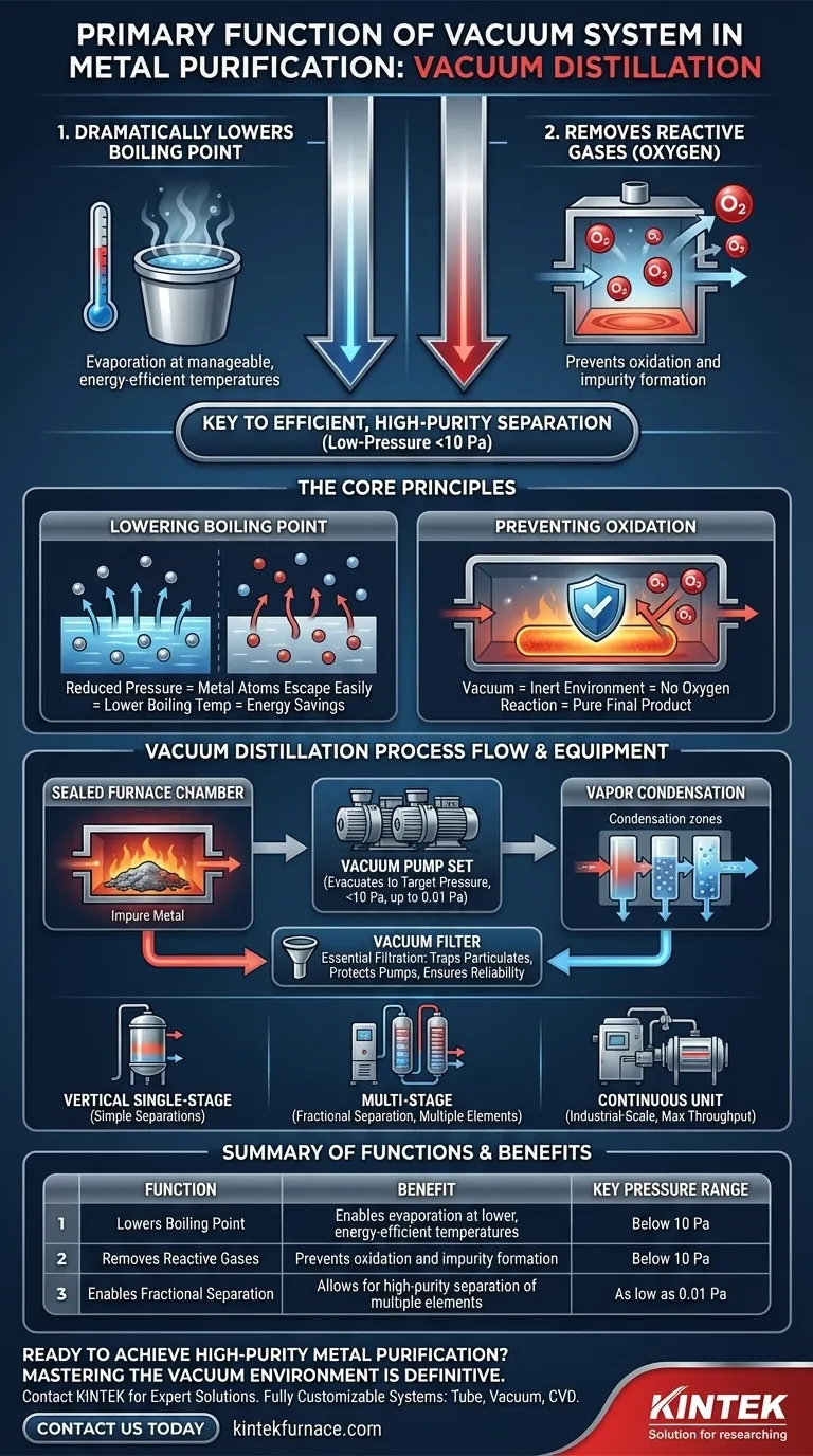 What is the primary function of the vacuum system in the vacuum distillation process for metal purification? Achieve High-Purity Metal Separation Visual Guide