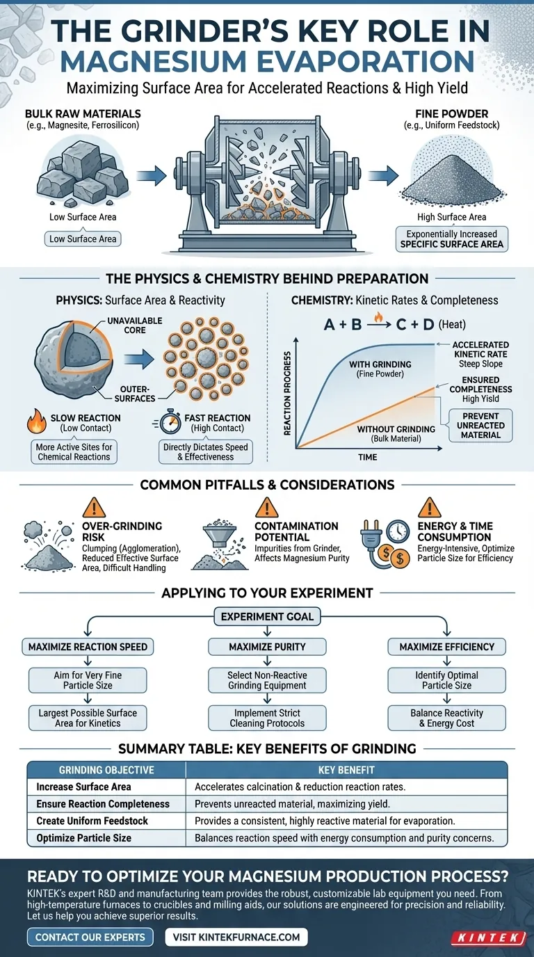 ما هو الدور الرئيسي للمطحنة في تحضير المواد الخام لتجارب تبخير وتكثيف المغنيسيوم؟ زيادة التفاعلية والإنتاجية دليل مرئي