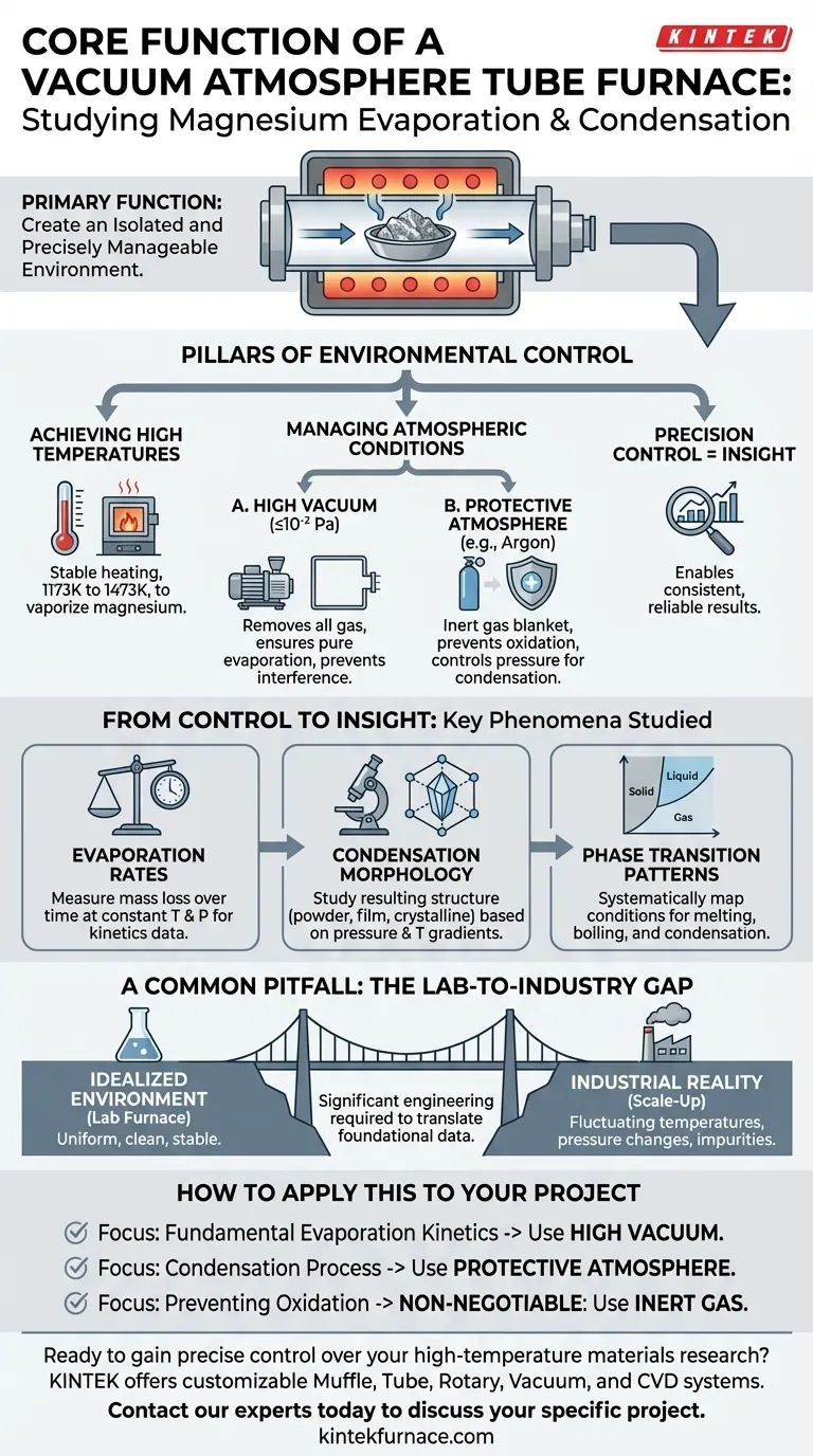 ما هي الوظيفة الأساسية لفرن الأنبوب ذي الغلاف الجوي الفراغي عند دراسة سلوك التبخر والتكثيف للمغنيسيوم المعدني؟ دليل مرئي