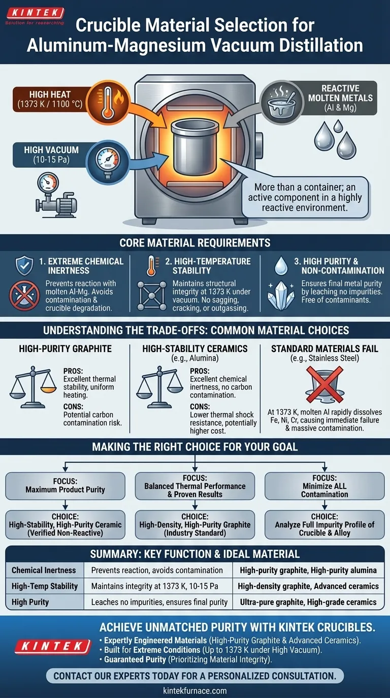 Was sind die wichtigsten Materialanforderungen für Tiegel, die bei der Vakuumdestillation von Aluminium-Magnesium-Legierungen verwendet werden? Gewährleistung einer hochreinen Metalltrennung Visuelle Anleitung