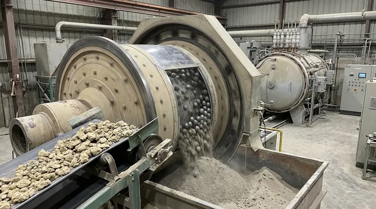 자이벨라이트 진공 열환원 공정의 원료 전처리 단계에서 볼밀의 기능은 무엇인가요?