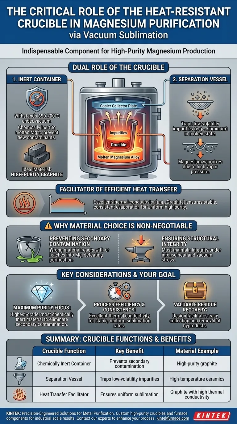 Warum ist ein hitzebeständiger Tiegel für die Magnesiumreinigung unverzichtbar? Gewährleistung von Reinheit und Effizienz bei der Vakuumsublimation Visuelle Anleitung