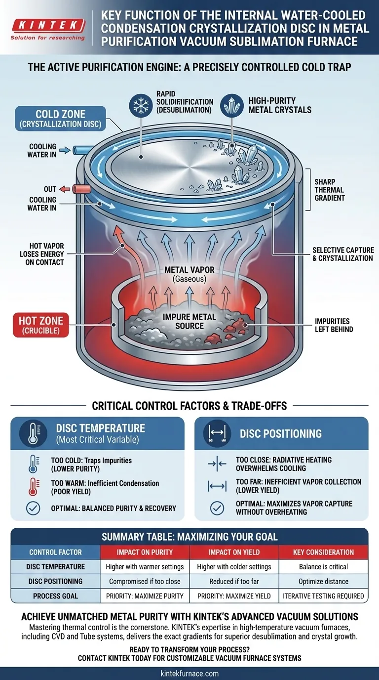 Qual è la funzione chiave del disco di cristallizzazione a condensazione raffreddato ad acqua interno in un forno a sublimazione sotto vuoto? Purificazione dei metalli di precisione Guida Visiva