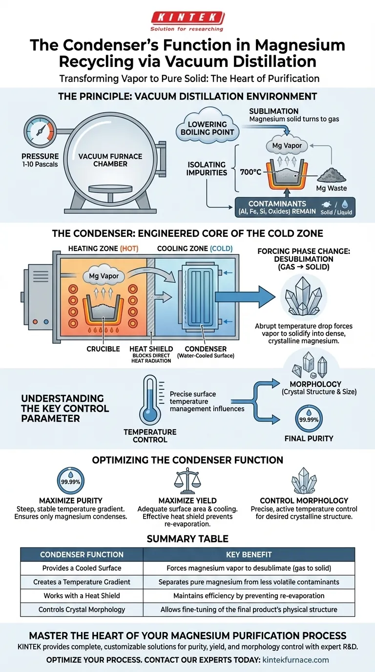 Was ist die Funktion des Kondensators in einem Vakuumdestillationsofen, der zum Recycling von Magnesium verwendet wird? Hochreine Magnesiumrückgewinnung erzielen Visuelle Anleitung