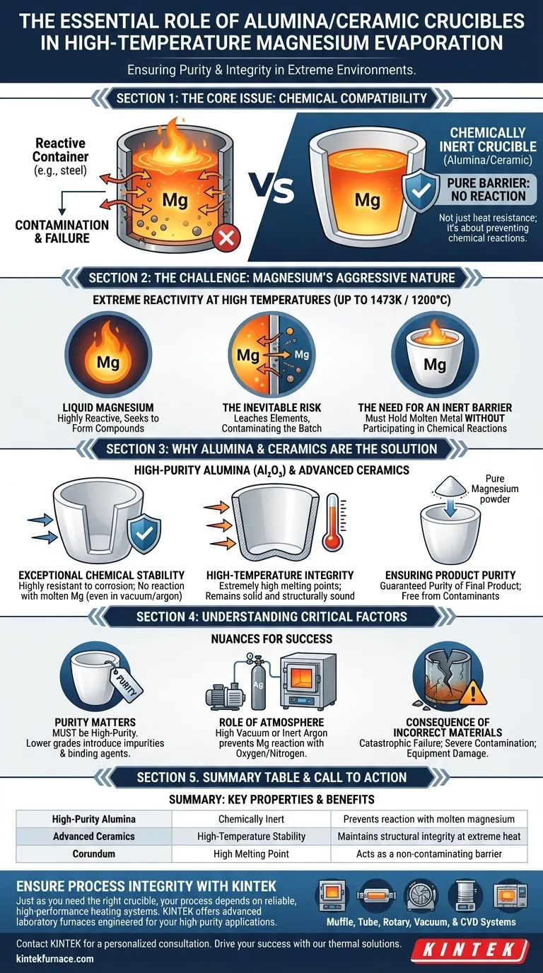 Warum sind Aluminiumoxid- oder Keramiktiegel bei der Hochtemperaturverdampfung von Magnesium notwendig? Gewährleistung von Reinheit und Prozessintegrität Visuelle Anleitung