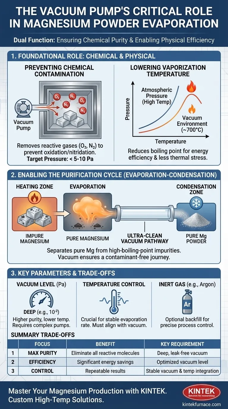 What is the primary function of the vacuum pump system in the magnesium powder evaporation process? Ensure High Purity & Efficiency Visual Guide