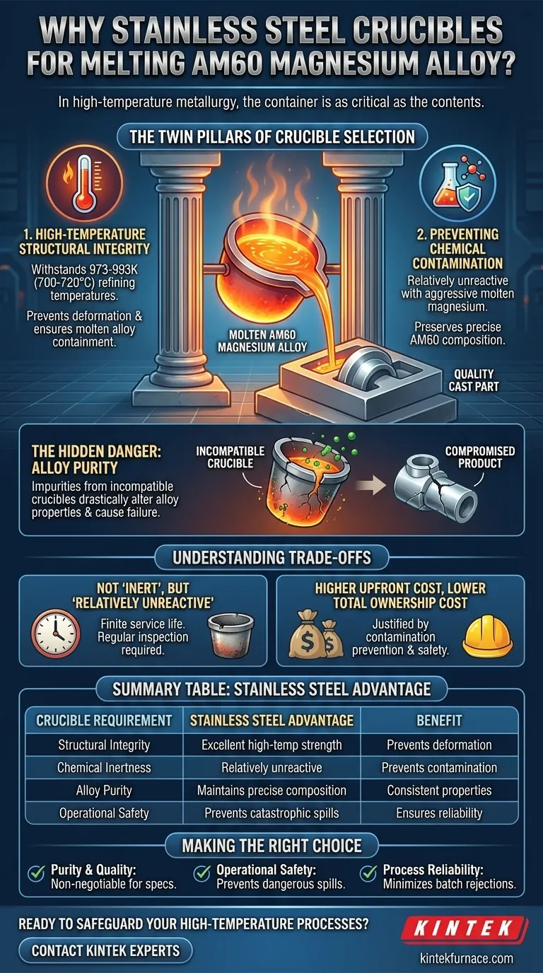 Why is a stainless steel crucible selected for melting AM60 magnesium alloy? Ensure Alloy Purity and Safety Visual Guide
