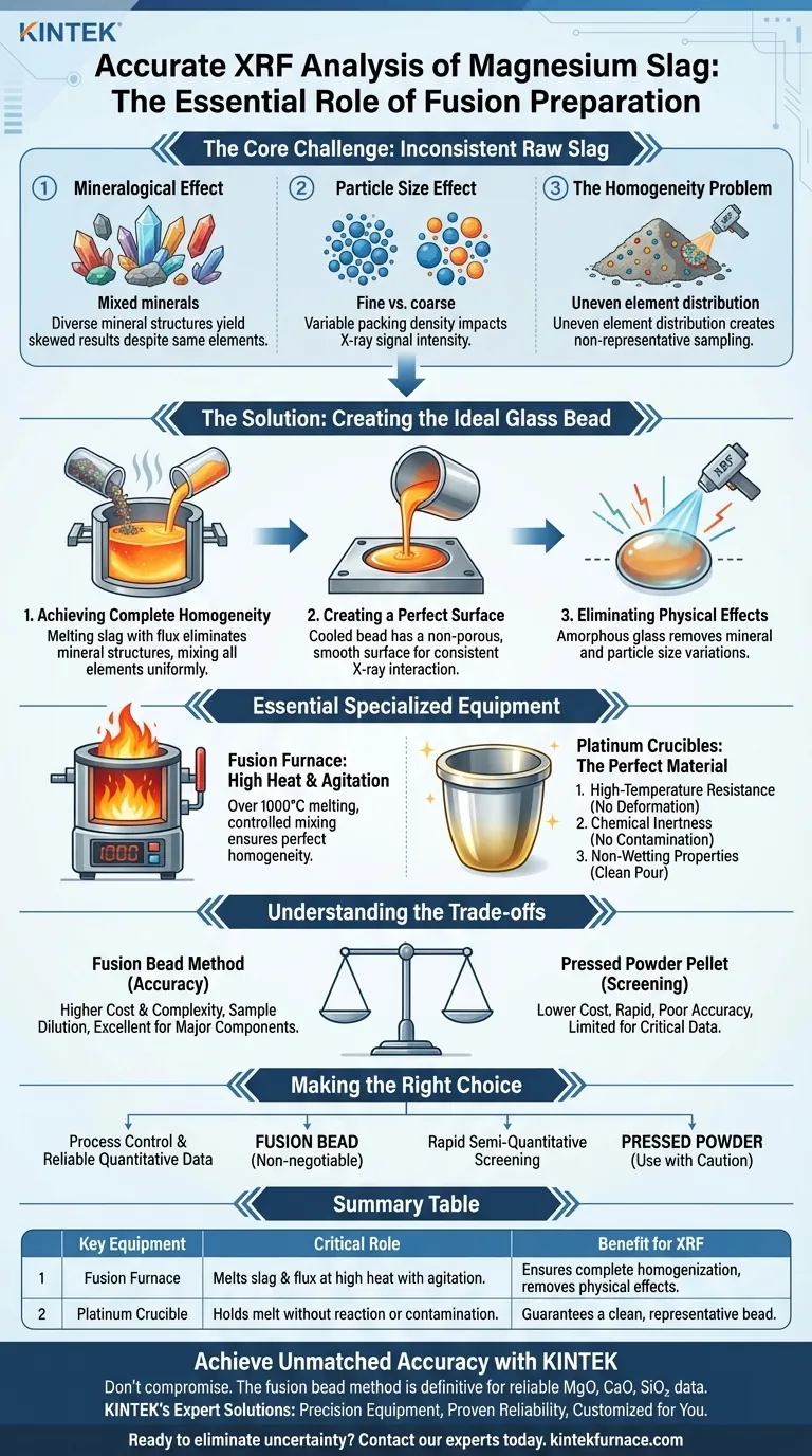 Почему для рентгенофлуоресцентного анализа шлака магния используют плавильную печь и платиновые тигли? Обеспечение точных результатов Визуальное руководство