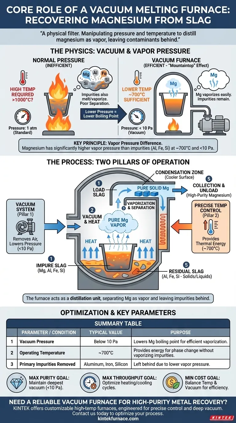 Qual è il ruolo fondamentale di un forno a fusione sotto vuoto nel processo di recupero del magnesio elementare dalla scoria? | Ottenere un recupero di metallo ad alta purezza Guida Visiva