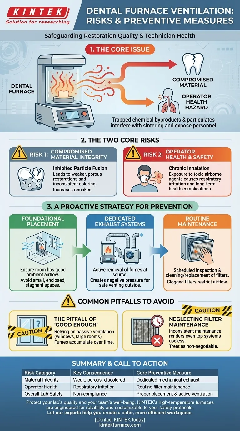 Quais são os riscos de ventilação inadequada em fornos dentários? Proteja a qualidade do seu laboratório e a segurança da sua equipe Guia Visual