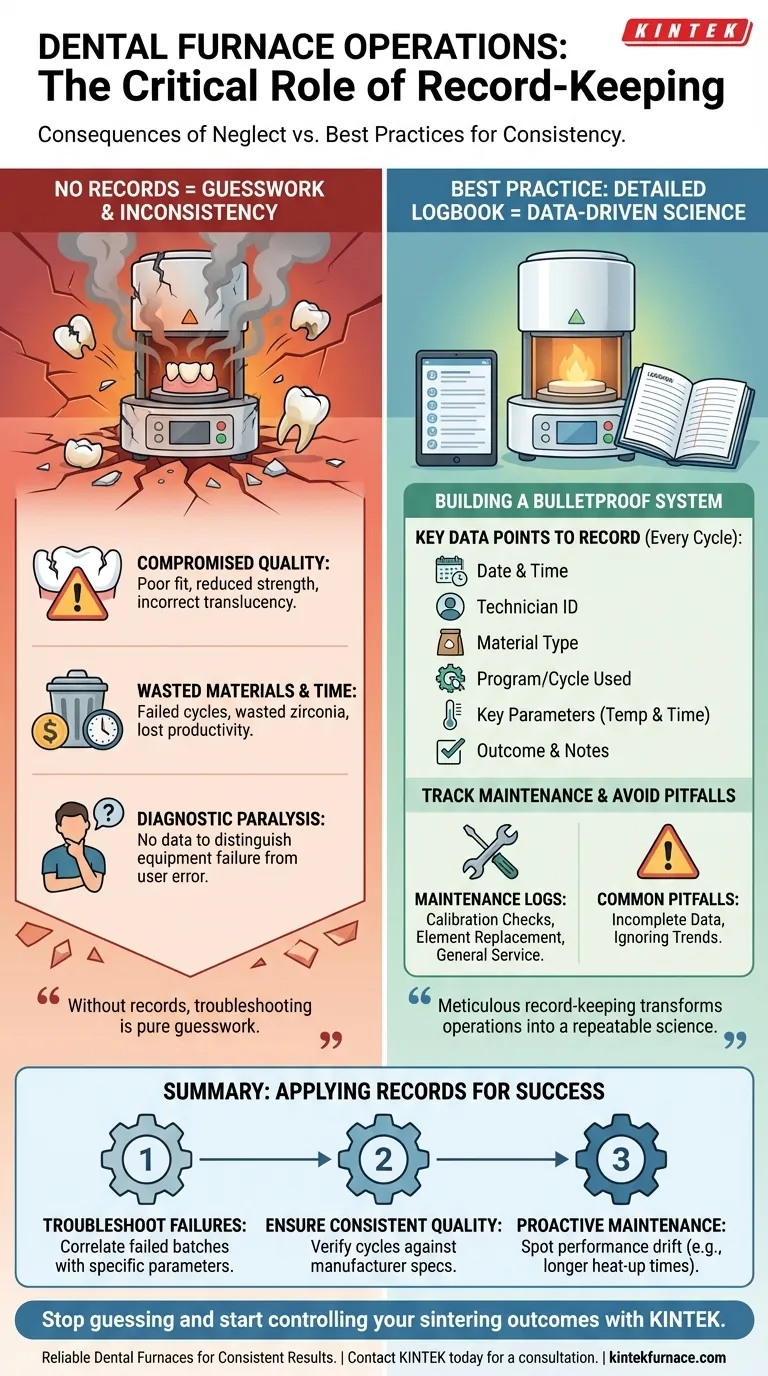Каковы последствия неведения записей об операциях зуботехнических печей? Обеспечьте стабильные, высококачественные результаты Визуальное руководство